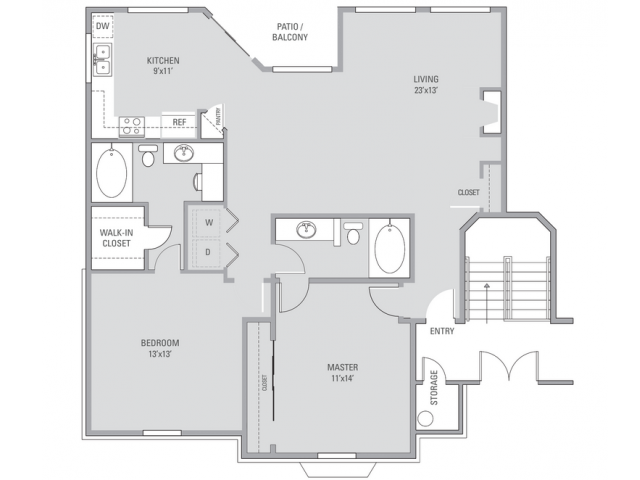 Floor plan for 2 beds, 2 baths, 1133 sqft
